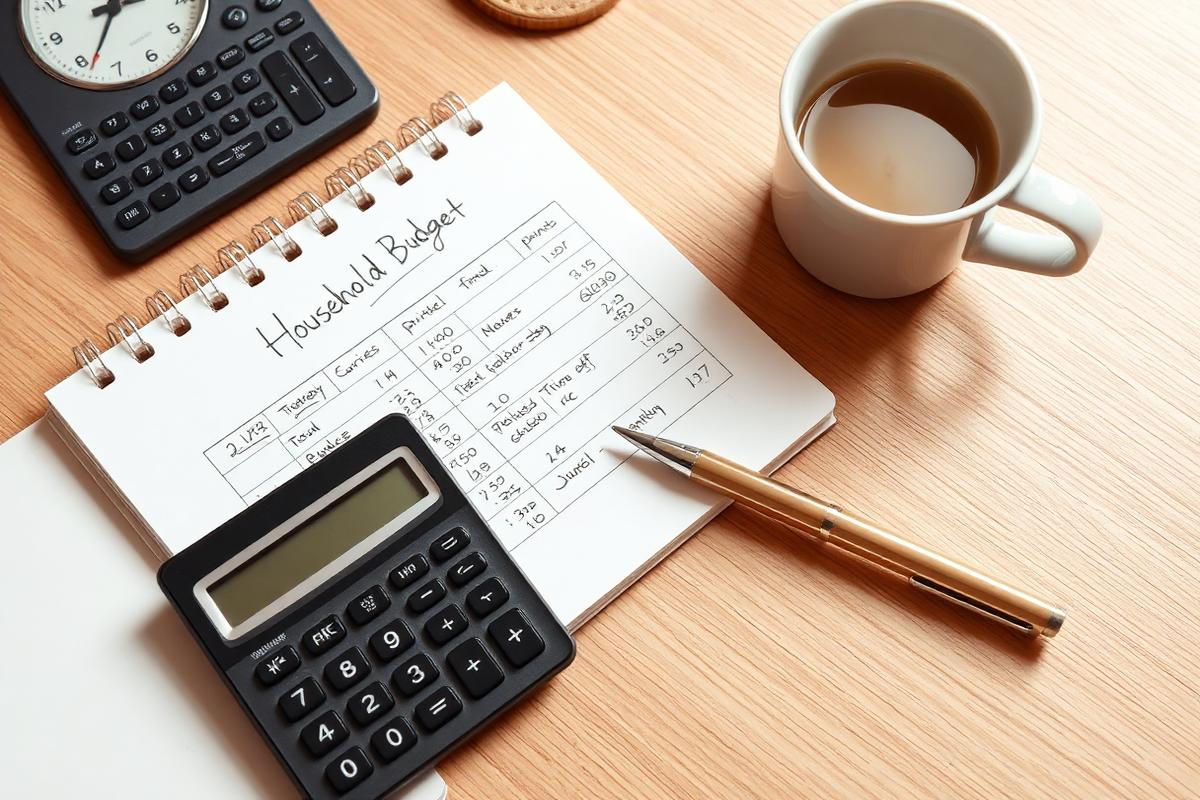 Household budget notebook, calculator and pen on a desk