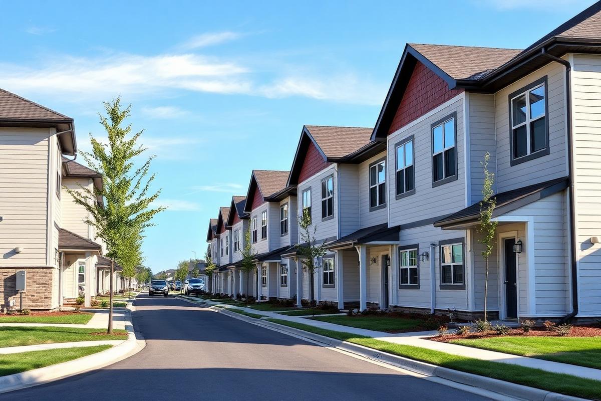 Row of modest newly built townhomes on a residential street