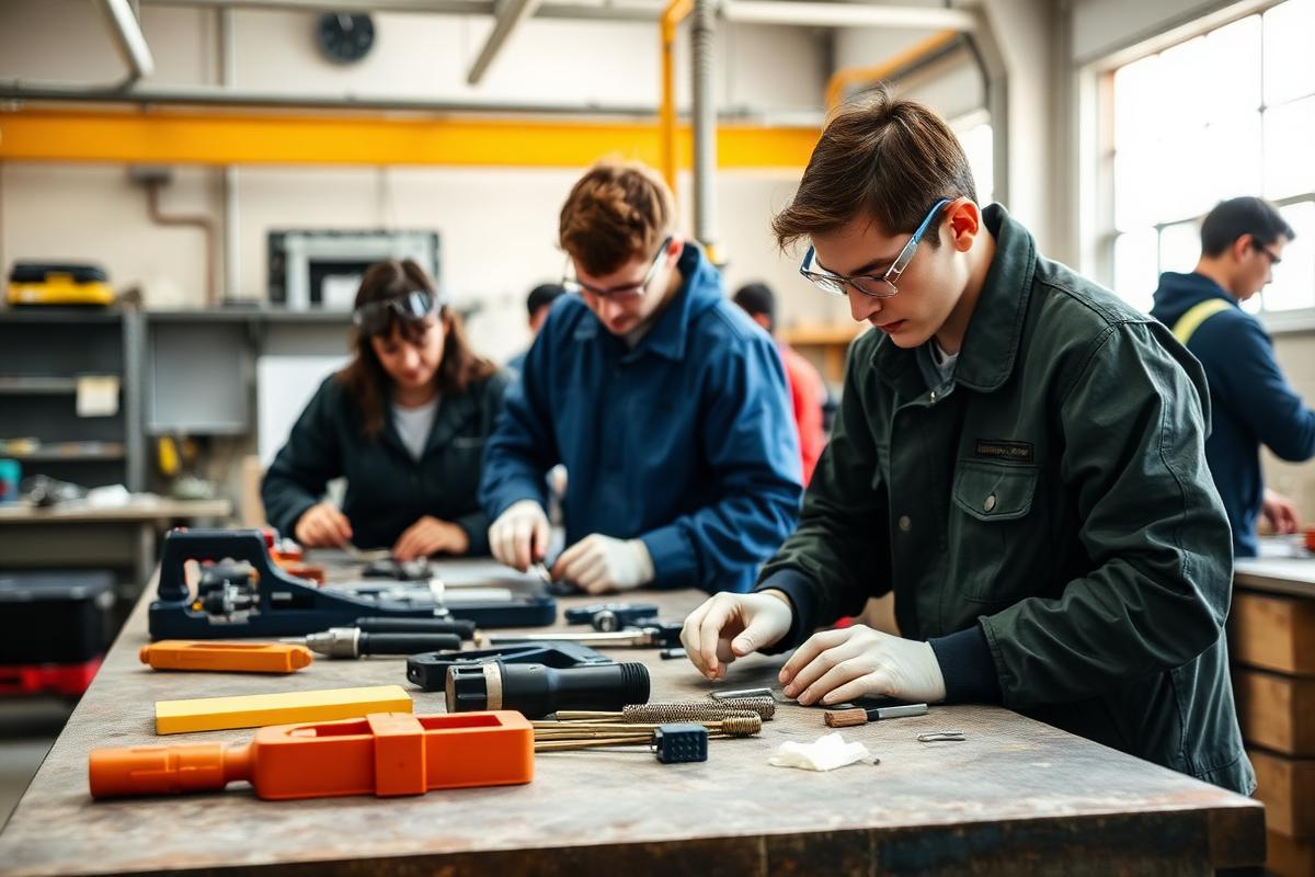 Trainees working with tools at a vocational workshop bench